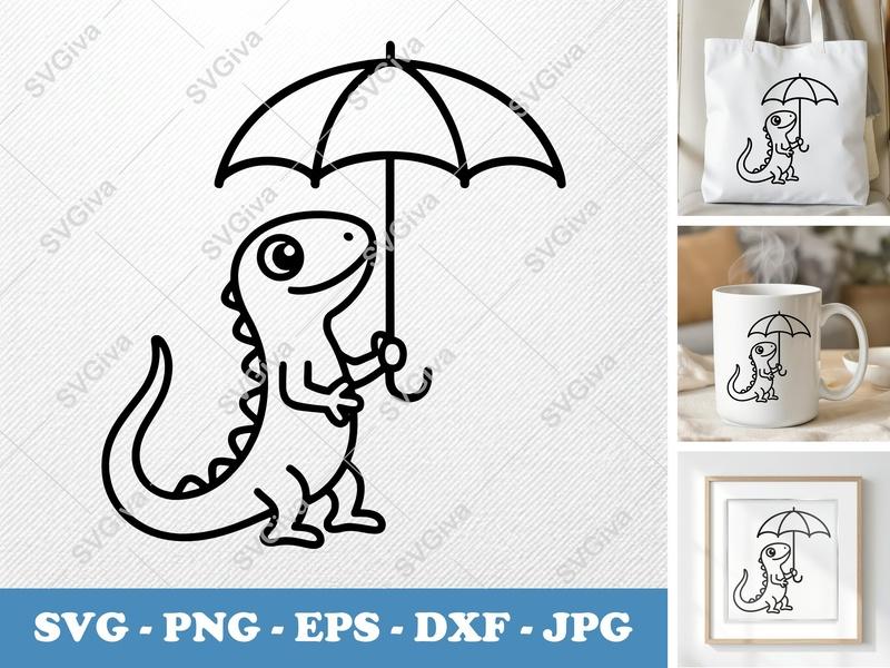 Lizard SVG | Cute Umbrella Reptile Cut File | Modern Cartoon Animal PNG EPS DXF | Cricut Silhouette Design