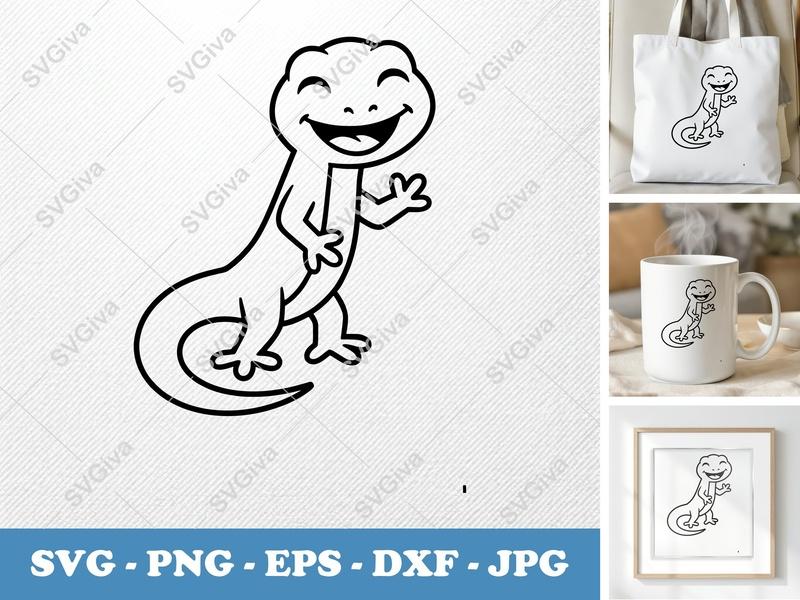 Lizard SVG | Happy Gecko Cut File, Cartoon Reptile Line Art | PNG EPS DXF for Cricut & Silhouette, Modern Animal Clipart