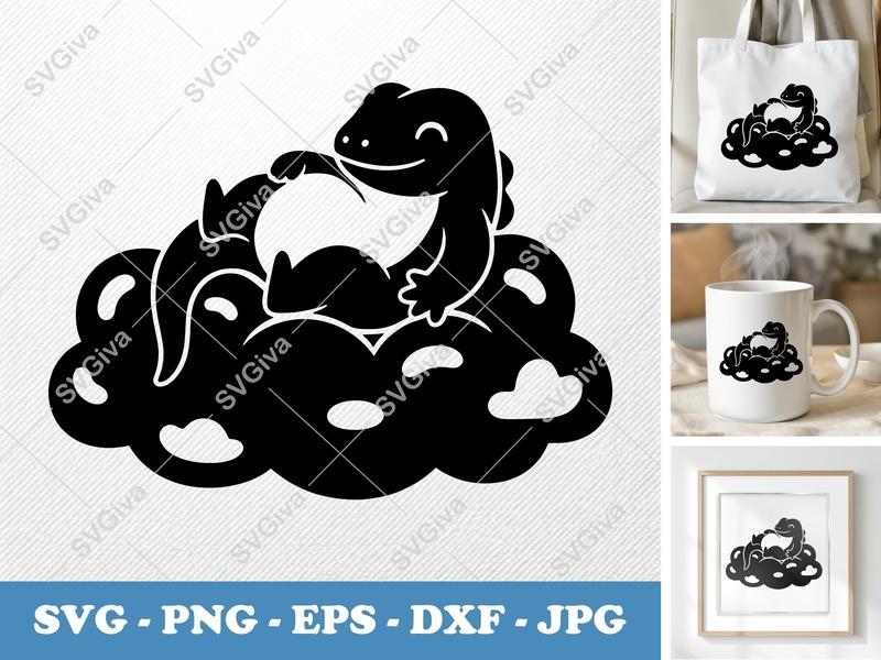 Lizard SVG | Sitting on a Cloud | Puffy, Inflated Shapes | PNG DXF EPS | Cricut Silhouette File