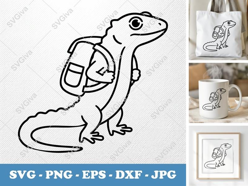 Lizard SVG with Backpack | Cute Reptile Adventure Cut File | Modern Clean Line Art | PNG EPS DXF for Cricut Silhouette