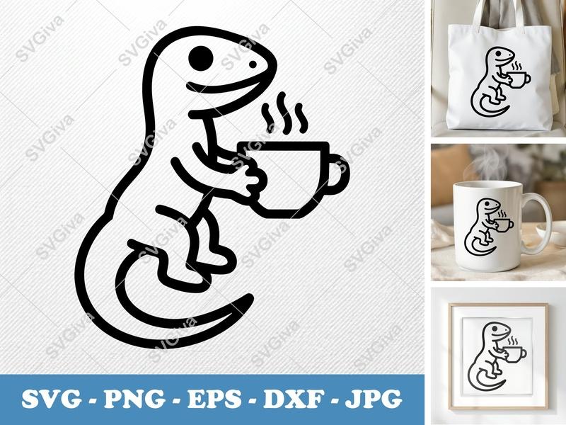 Lizard SVG with Coffee Cup | Modern Clean Line Art | PNG EPS DXF for Cricut, Silhouette | Animal Reptile Design