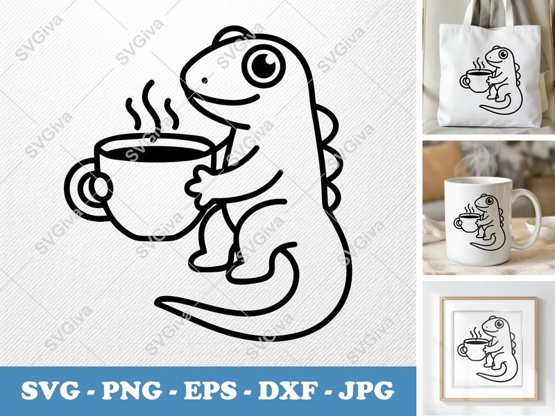 Lizard SVG with Coffee | Cute Reptile Clipart, Modern Clean Design | PNG EPS DXF for Cricut Silhouette