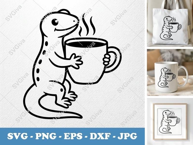 Lizard SVG with Coffee Mug | Modern Cartoon Animal Cut File | PNG EPS DXF for Cricut & Silhouette | Gecko Drinking Coffee