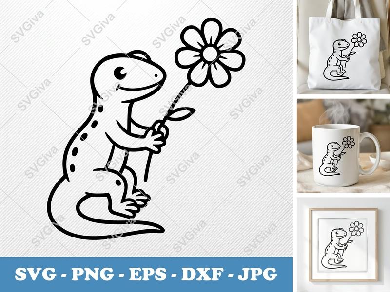 Lizard SVG with Flower, Cute Gecko Clipart, Modern Reptile Design | PNG EPS DXF | Cricut Silhouette Cut File