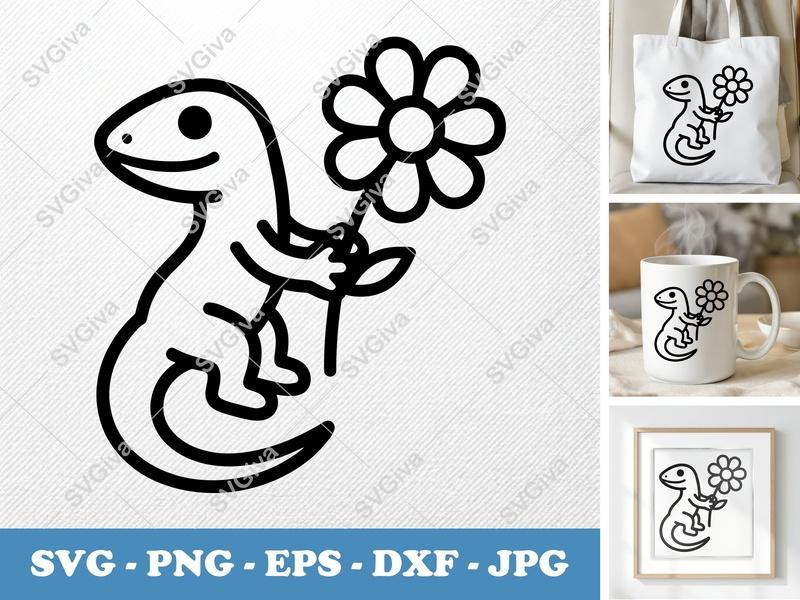 Lizard SVG with Flower | Cute Gecko Line Art | Modern Clean Design | PNG EPS DXF for Cricut, Silhouette