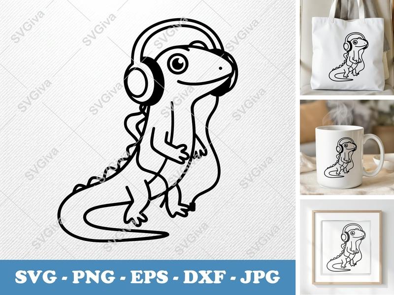 Lizard SVG with Headphones | Cute Cartoon Reptile | Modern Clean Design | PNG EPS DXF for Cricut Silhouette