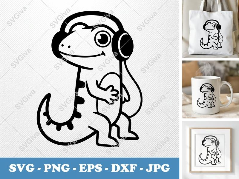 Lizard SVG with Headphones, Cute Gecko Cut File, Reptile Clipart, PNG EPS DXF for Cricut & Silhouette, Animal Vector Art