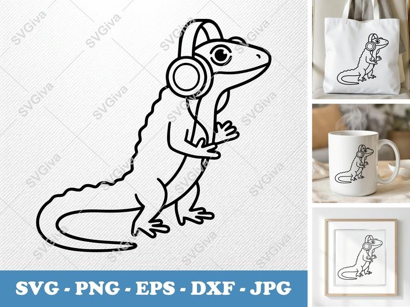 Lizard SVG with Headphones | Modern Cute Reptile Cut File | PNG EPS DXF for Cricut & Silhouette | Animal Clipart Design