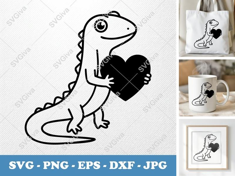 Lizard SVG with Heart | Cute Reptile Design, Valentines, Love | PNG EPS DXF for Cricut, Silhouette, Vinyl Decal