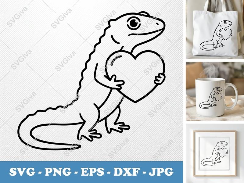 Lizard SVG with Heart | Cute Reptile Love Cut File | Modern Animal Line Art PNG EPS DXF for Cricut, Silhouette