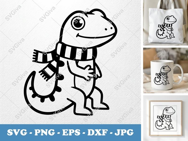 Lizard SVG with Scarf | Cute Reptile Design, Modern Clean Line Art | PNG EPS DXF for Cricut & Silhouette