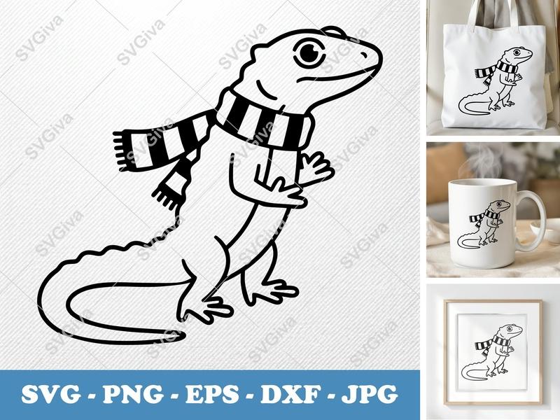 Lizard SVG with Scarf | Modern Clean Line Art | PNG EPS DXF | Cricut Silhouette File