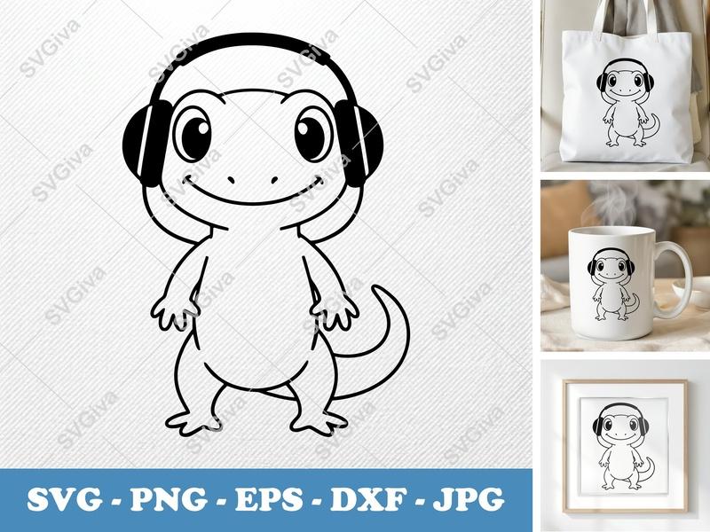 Lizard wearing headphones SVG | Simple Cartoon Cut File | Bold Line Art PNG DXF EPS | Cricut Silhouette Ready