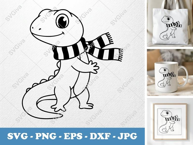 Lizard Wearing Scarf SVG | Simple Character Outline | Bold Contour Minimalist Cut File | PNG DXF EPS | Cricut Silhouette