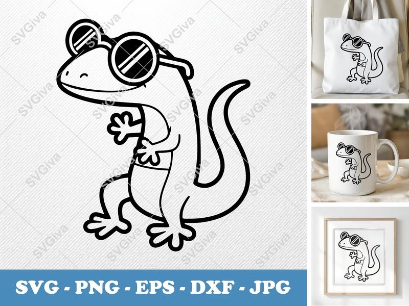 Lizard Wearing Sunglasses SVG | Cartoon Outline Art | Double-Outline Vector Design | PNG DXF EPS | Cricut Silhouette File
