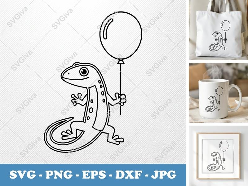 Lizard with Balloon SVG | Minimalist Double-Outline Cut File | PNG DXF EPS | Cricut Silhouette Design