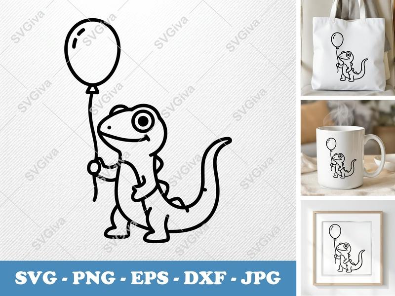 Lizard with Balloon SVG PNG DXF EPS | Cute Reptile Cut File for Cricut Silhouette