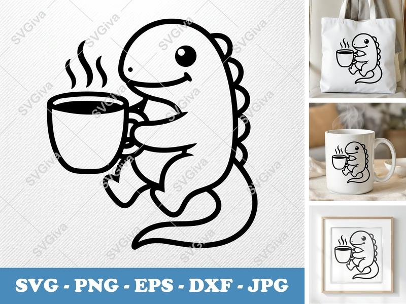 Lizard with Coffee Cup SVG | Friendly Rounded Bean-Shaped Design | PNG DXF EPS | Cricut Silhouette File