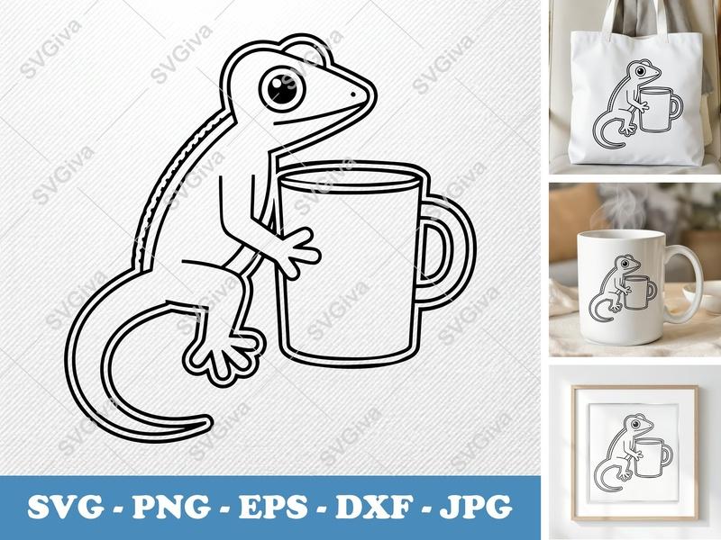Lizard with Coffee Cup SVG | Outline Style | Thick Contour, Basic Shapes | PNG DXF EPS | Cricut Silhouette File