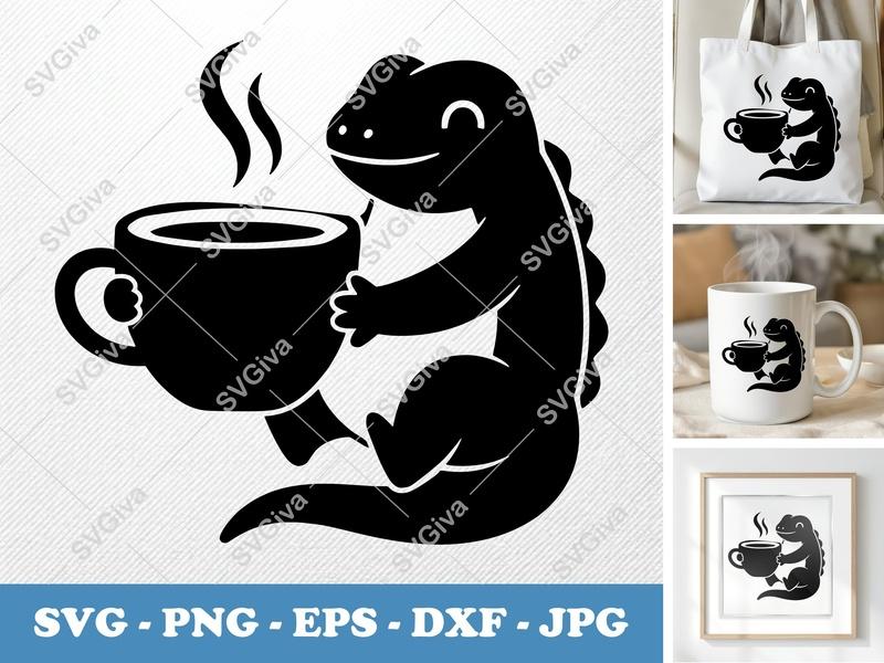 Lizard with Coffee Cup SVG | Puffy Soft Shapes | PNG DXF EPS | Cricut Silhouette Cut File | Coffee Lover