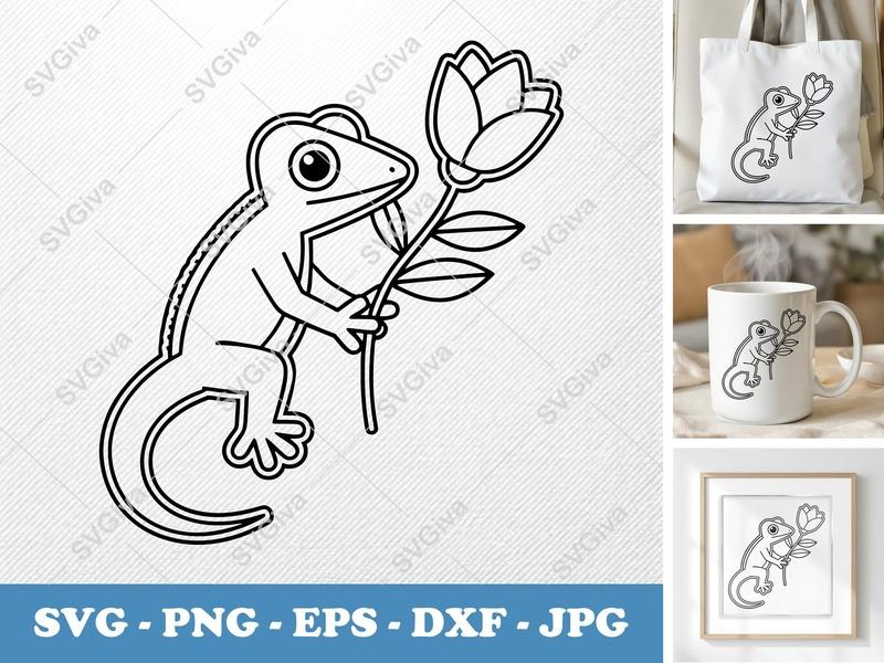 Lizard with Flower SVG | Double Outline Art | Thick Contour, Thin Lines | PNG DXF EPS | Cricut Silhouette | Reptile Nature Cut File