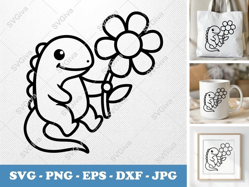 Lizard with Flower SVG | Friendly Rounded Body Bean Shape Cut File | PNG DXF EPS for Cricut Silhouette