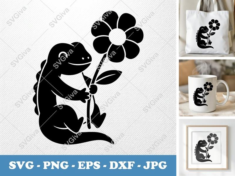 Lizard with Flower SVG | Puffy Pillow Soft Design | PNG DXF EPS | Cricut Silhouette Cut File