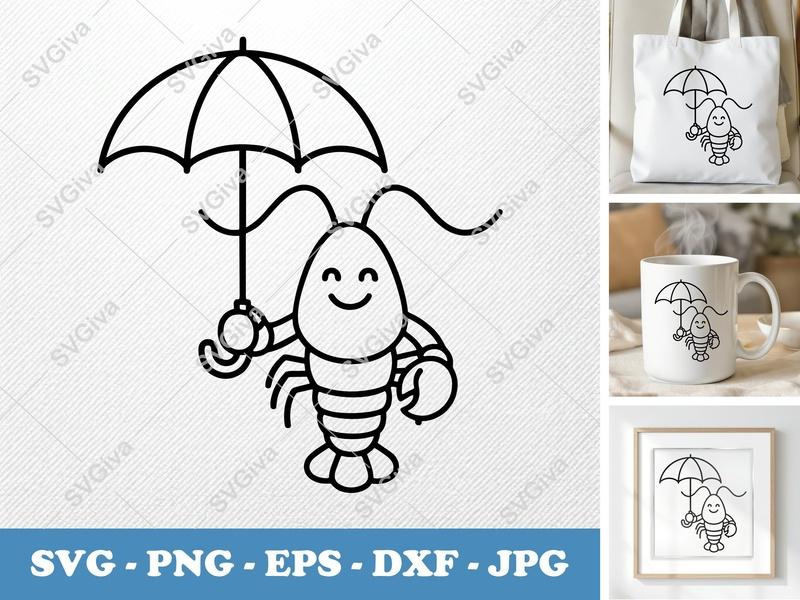 Lobster Holding Umbrella SVG | Friendly Bean-Shaped Design | PNG DXF EPS | Cricut Silhouette File