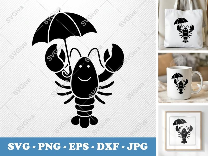 Lobster Holding Umbrella SVG | Puffy Cartoon Design | Inflated Look | PNG DXF EPS | Cricut Silhouette File