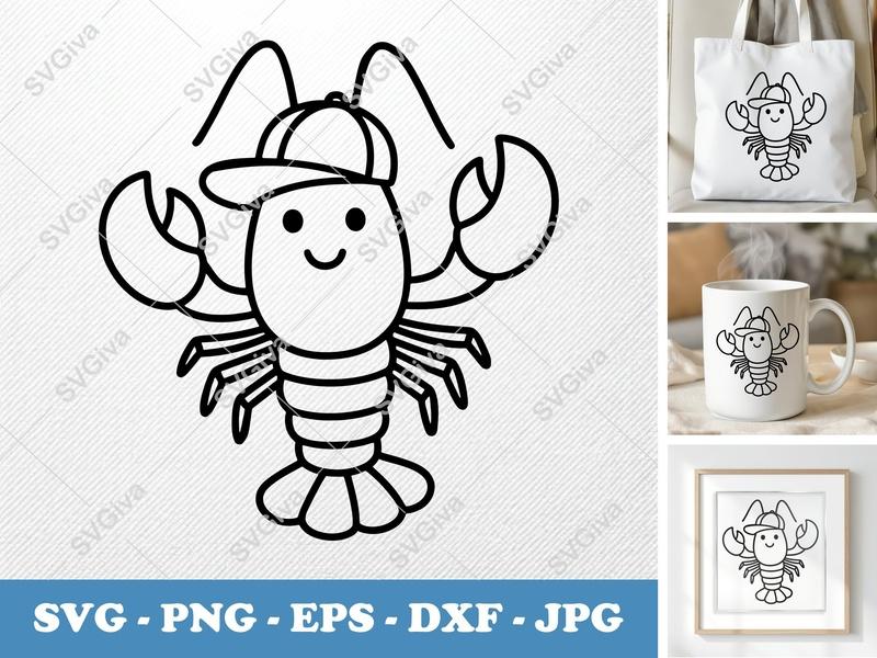 Lobster in a Cap SVG | Friendly Bean-Shaped Form | PNG DXF EPS | Cricut Silhouette File