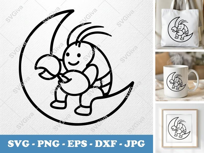 Lobster on Moon SVG | Friendly Bean-Shaped Design | PNG, DXF, EPS | Cricut & Silhouette File