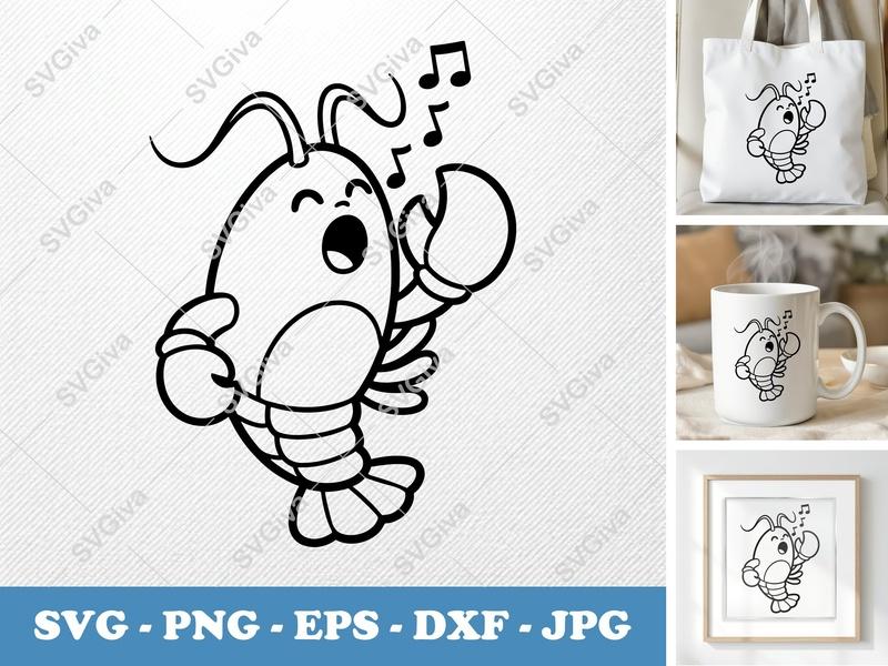 Lobster Singing SVG | Cute Animal Music PNG EPS DXF | Cricut Silhouette File | Outline Clipart Vector for Crafts