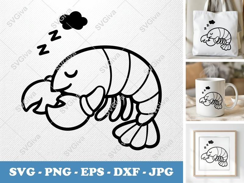 Lobster Sleeping SVG | Cartoon Sleepy Lobster PNG EPS DXF for Cricut & Silhouette, Cute Animal Cut File