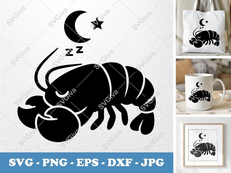 Lobster Sleeping SVG | Modern Moon Star Zzz Cut File | PNG EPS DXF for Cricut Silhouette | Nautical Sleepy Animal Design