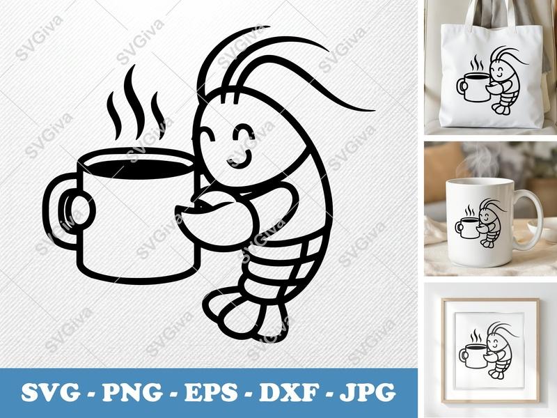 Lobster SVG, Coffee Mug Cartoon Clipart, Cute Seafood Line Art for Cricut, Silhouette | PNG EPS DXF Vector