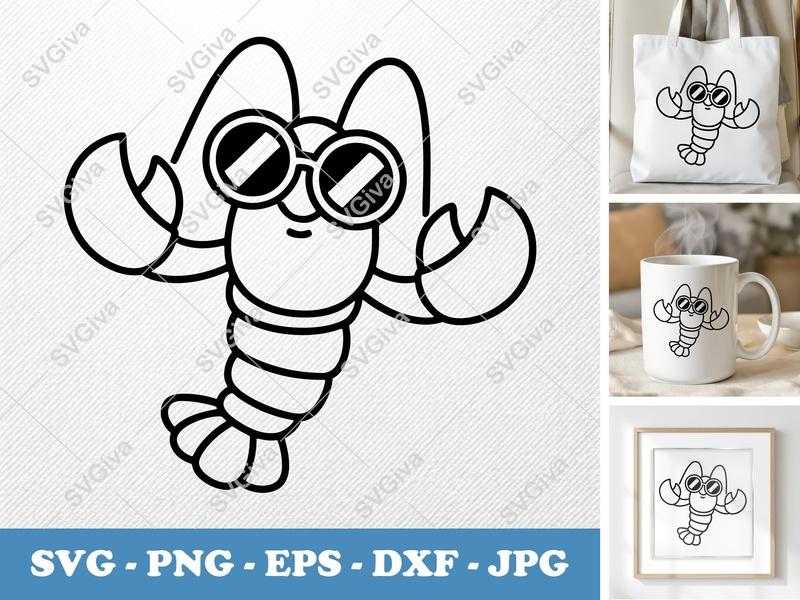 Lobster SVG, Cool Lobster with Sunglasses PNG EPS DXF | Summer Beach Cricut Silhouette Cut File, Ocean Animal Clipart Vector