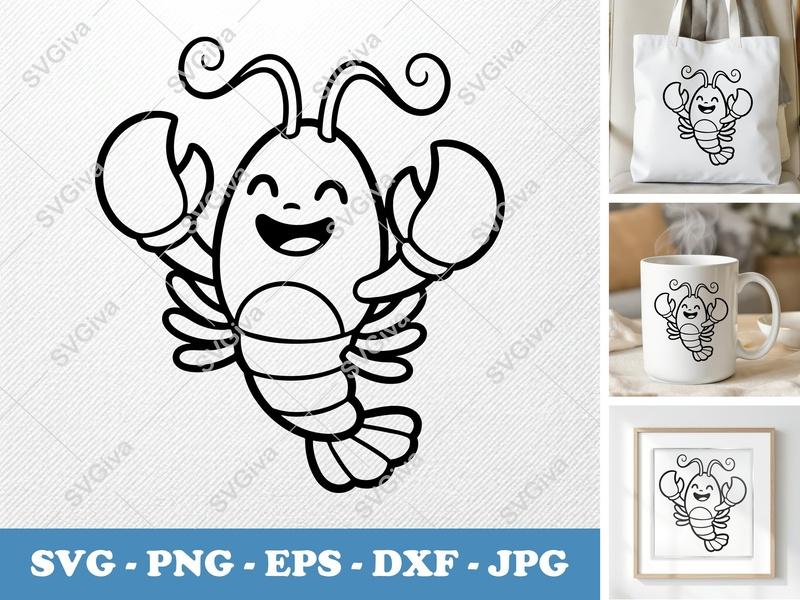 Lobster SVG, Cute Cartoon Lobster Clipart, Happy Sea Creature, Ocean Animal Digital Art, PNG EPS DXF for Cricut & Silhouette