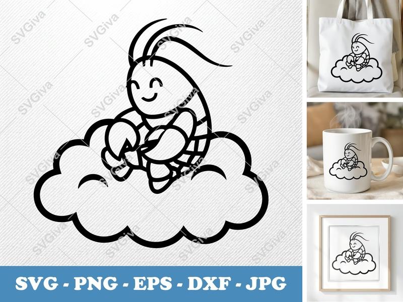 Lobster SVG, Cute Cartoon Lobster on Cloud, Happy Crab Clipart, Seafood Digital Download, PNG EPS DXF for Cricut & Silhouette