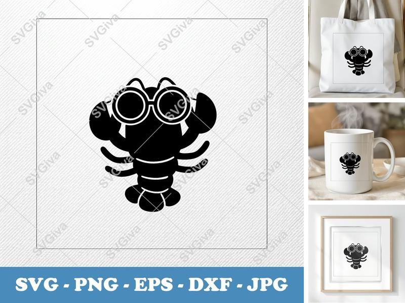Lobster SVG | Cute Cartoon Lobster with Glasses | PNG EPS DXF | Cricut Silhouette Cut File