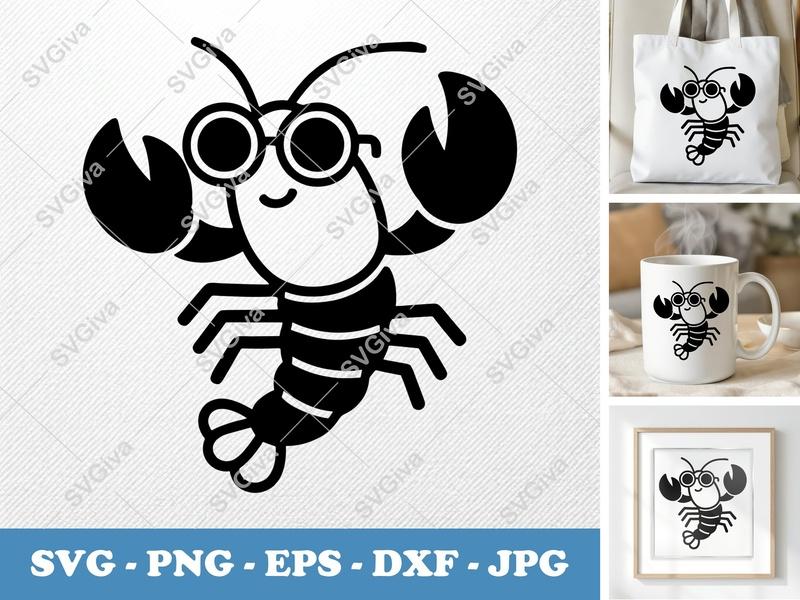 Lobster SVG | Cute Cartoon Sea Animal with Glasses | PNG EPS DXF | Cricut Silhouette Cut File | Modern Seafood Clipart