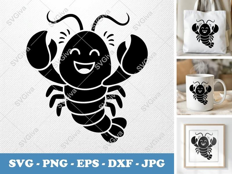 Lobster SVG, Cute Happy Lobster Clipart, Seafood Vector, Ocean Life Cut File for Cricut, Silhouette, PNG EPS DXF