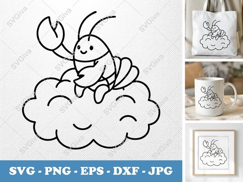 Lobster SVG, Cute Lobster on Cloud, Kawaii Sea Animal Clipart, PNG EPS DXF for Cricut & Silhouette, Digital Download
