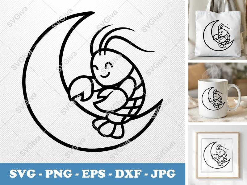 Lobster SVG, Cute Lobster on Moon Outline, Modern Seafood PNG EPS DXF for Cricut Silhouette, Nautical Ocean Art