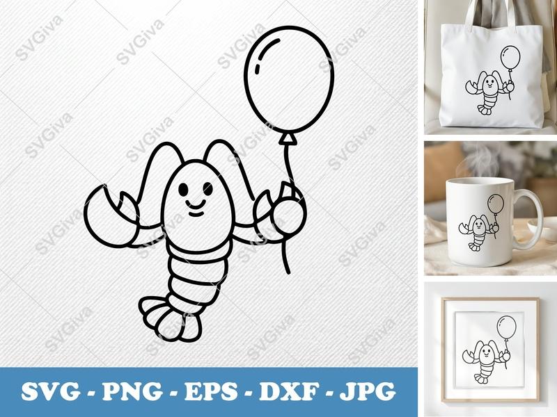 Lobster SVG, Cute Lobster with Balloon Cut File, Modern Clean Design PNG EPS DXF for Cricut, Silhouette, Vector Clipart