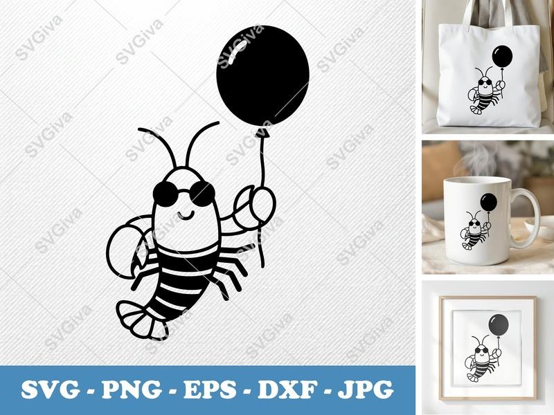 Lobster SVG, Cute Lobster with Balloon, Modern Minimalist Design, PNG EPS DXF for Cricut Silhouette Cutting Machines