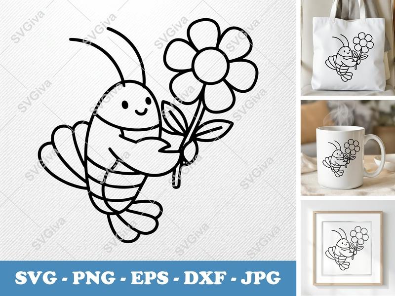 Lobster SVG, Cute Lobster with Flower, Cartoon Seafood Clipart, Ocean Animal PNG EPS DXF for Cricut, Silhouette, Digital Download