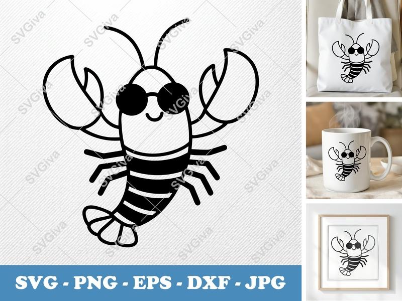 Lobster SVG, Cute Lobster with Sunglasses, Summer Beach Ocean Sea Animal, PNG EPS DXF for Cricut Silhouette Cutting Files
