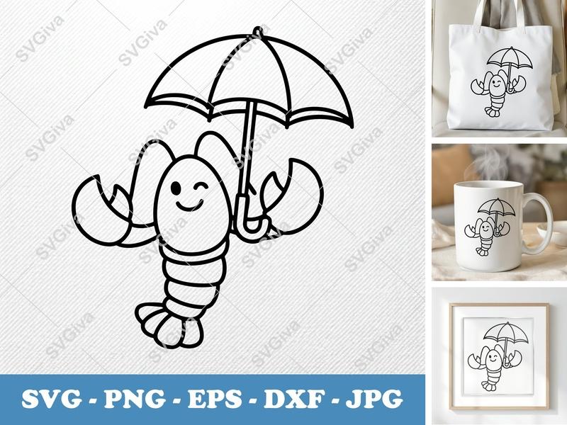 Lobster SVG, Cute Lobster with Umbrella Design, Kawaii Seafood Clipart, PNG EPS DXF for Cricut & Silhouette, Beach Summer Vacation