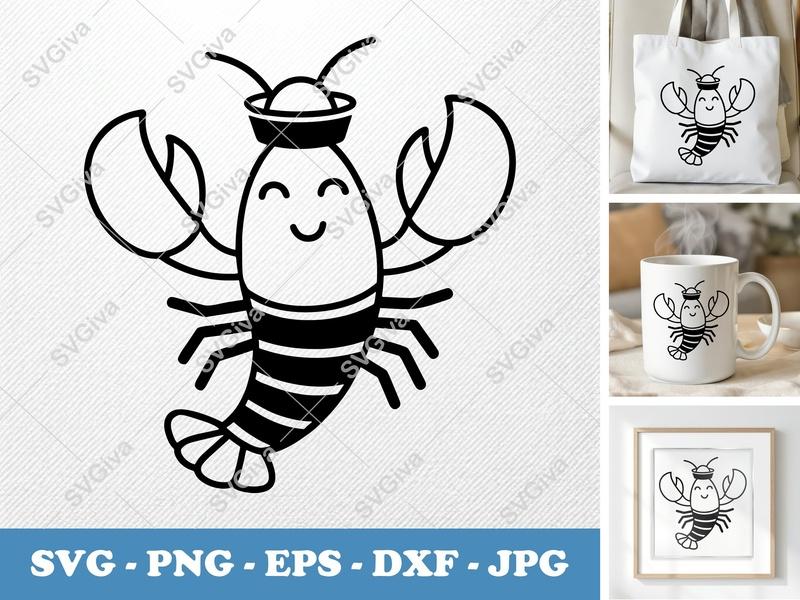 Lobster SVG | Cute Sailor Hat Seafood Clipart | Kawaii Ocean Animal Cut File for Cricut, Silhouette | PNG EPS DXF