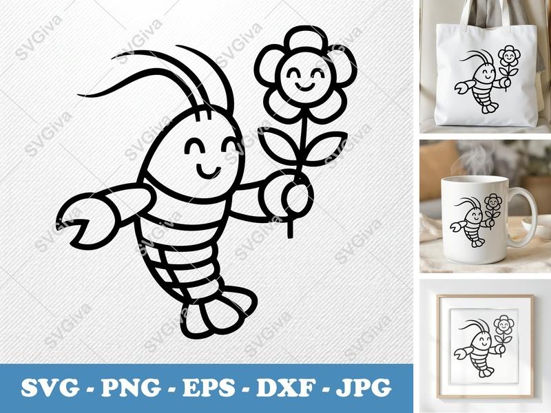 Lobster SVG, Cute Smiling Lobster with Flower Clipart | PNG EPS DXF | Cricut Silhouette Cut File, Ocean Animal Graphic